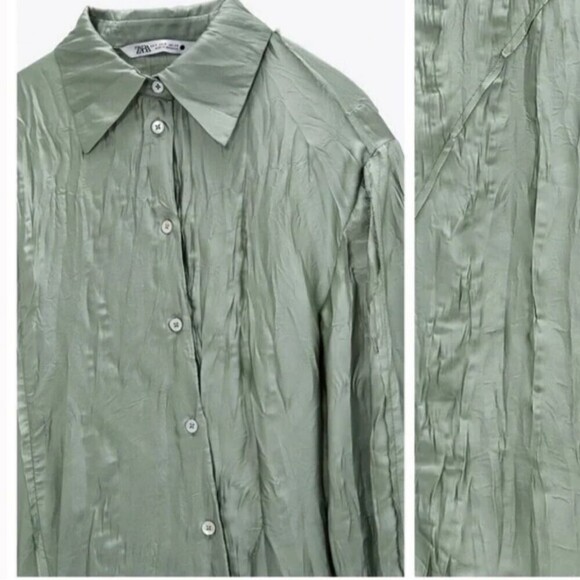 ZARA Creased Wrinkle Effect Silky Pale Green Button Up Long Sleeve Top Large - Picture 2 of 6